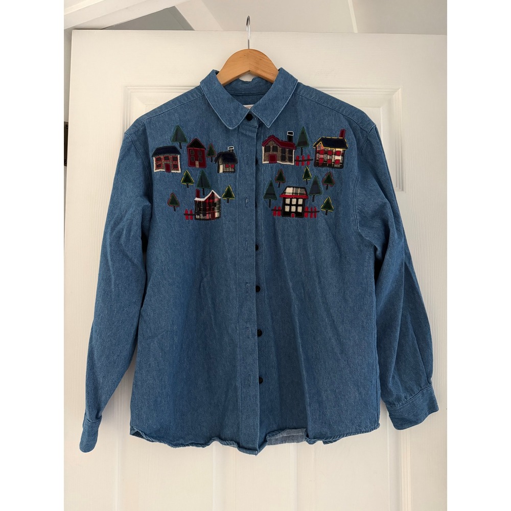 Vintage Talbots Denim Embroidered Houses Button Down Womens Festive Cottage